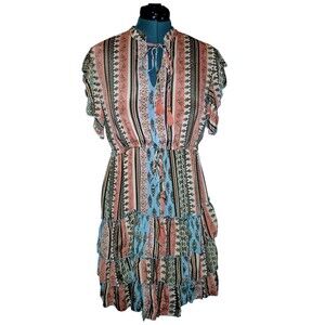 Boho Paisley Floral Mixed Print Tie Neck Mini Dress T3 Lined - Fits Large